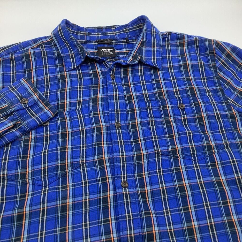 Prana Mens Long Sleeve Button Up Light Flannel Shirt Blue Plaid Size Large Tall